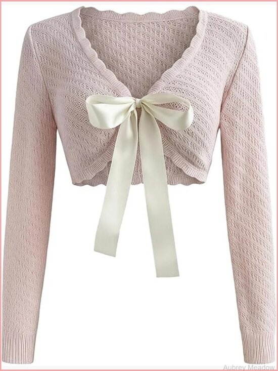 Sweaters - Crochet Knit Cardigan Sweater - V Neck Bow Tie Front Scalloped Trim Cropped